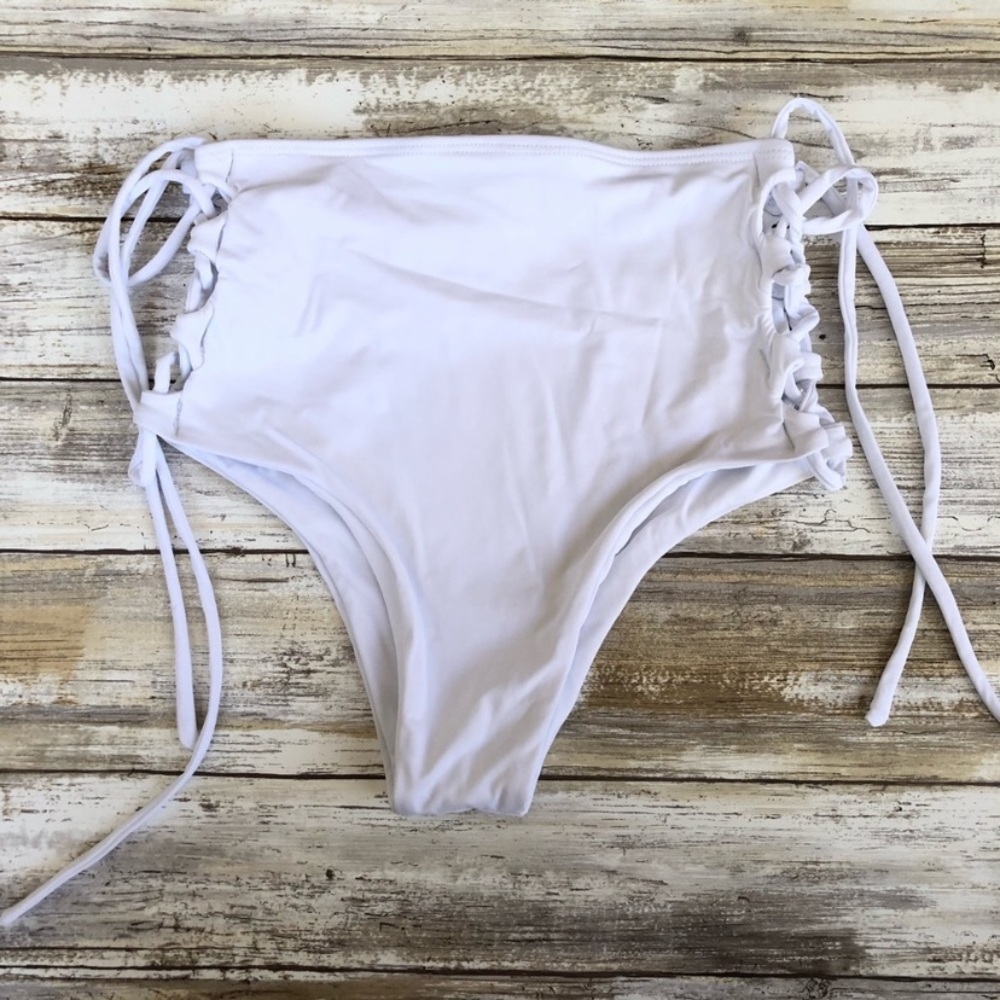 NWT White High Waist Side Lace Up Bikini Bottoms large agape sol